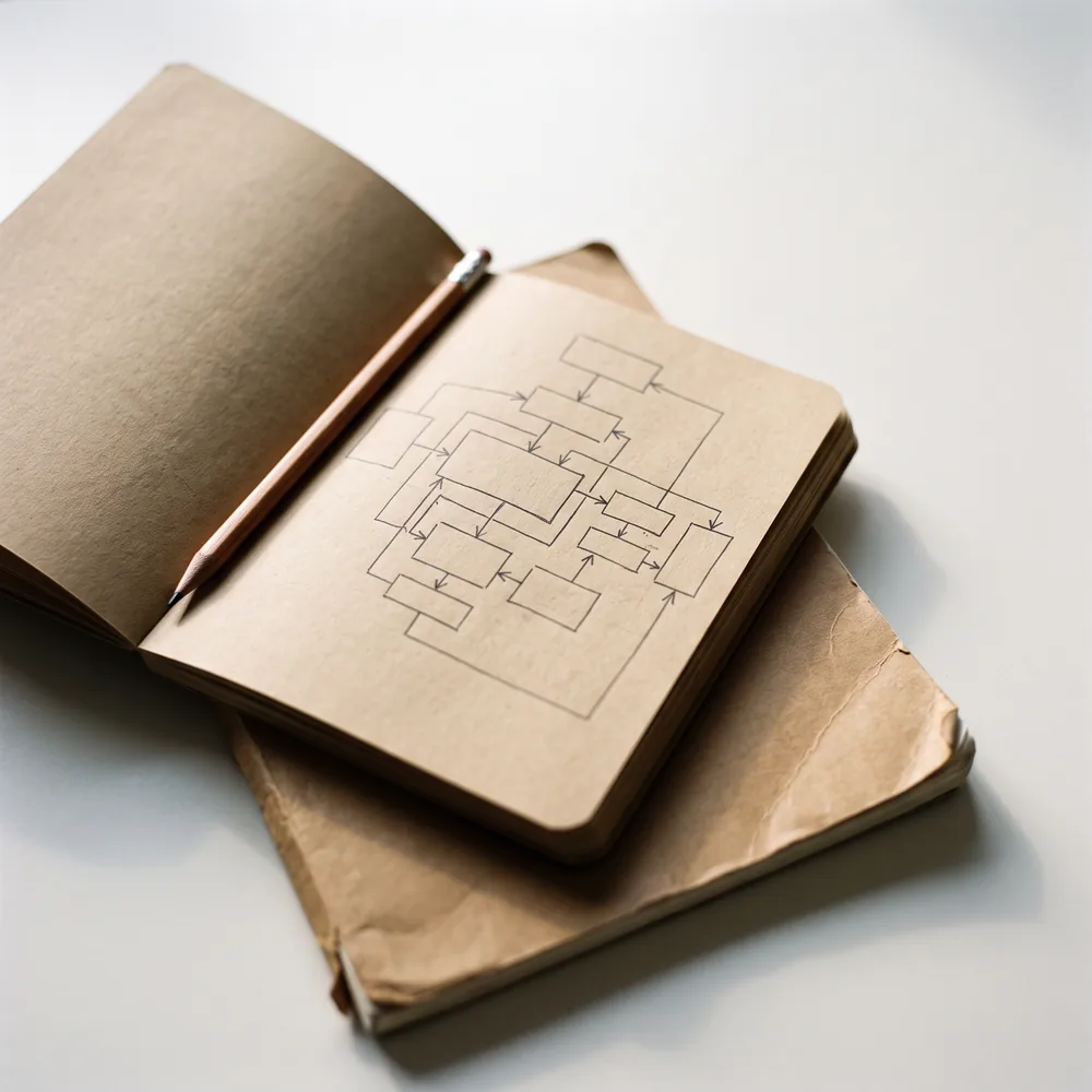 Pilha de cadernos kraft com um diagrama desenhado à mão