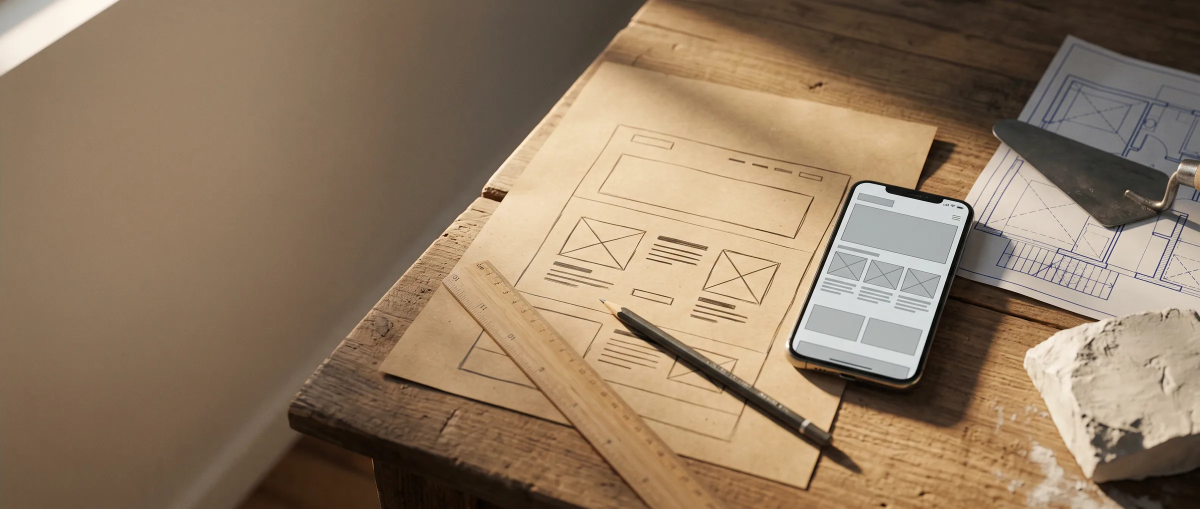 Materiais de obra e um wireframe de site desenhado à mão, com um celular mostrando o mesmo layout na tela