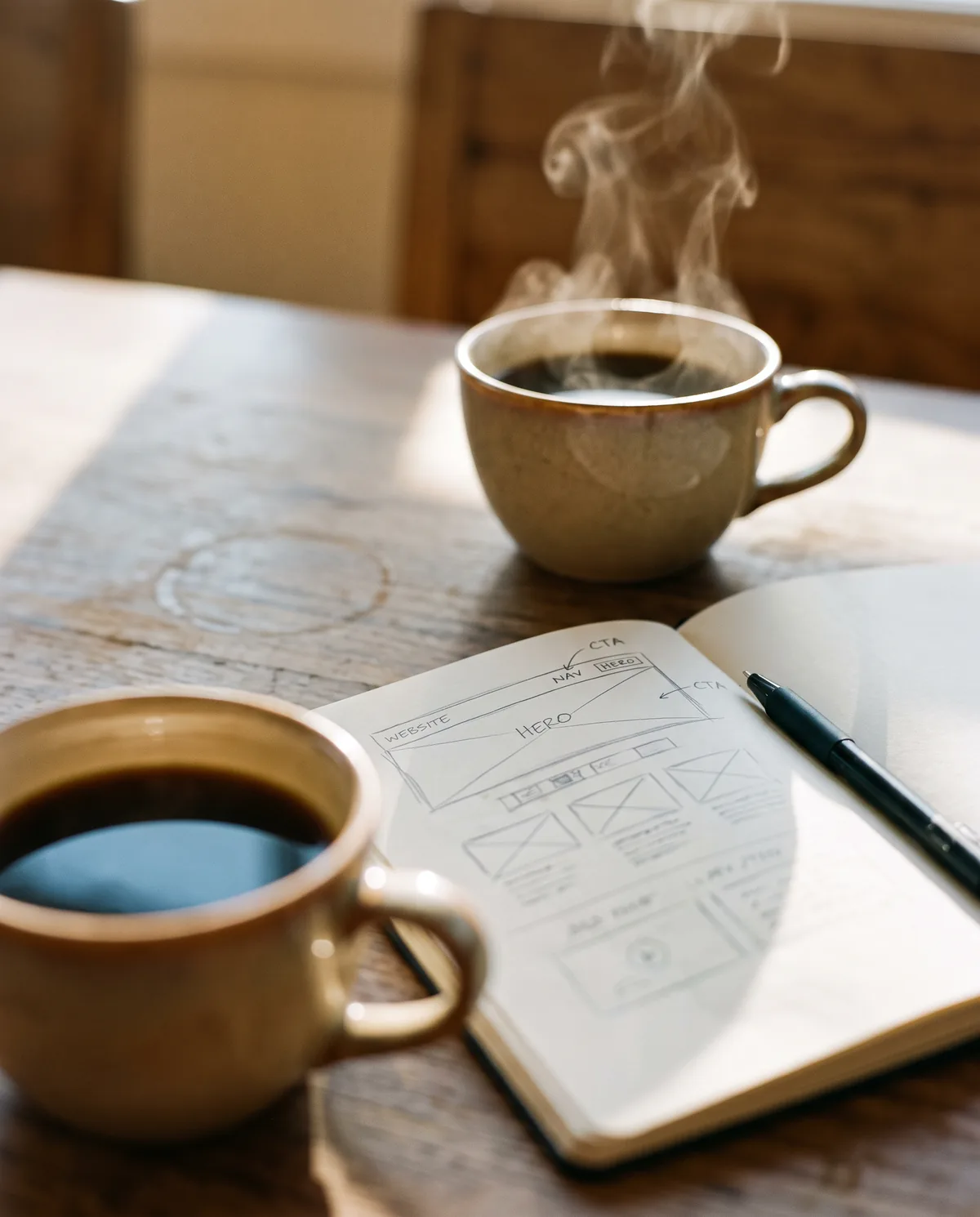 Duas xícaras de café e um caderno com esboço de site, representando co-criação com o cliente
