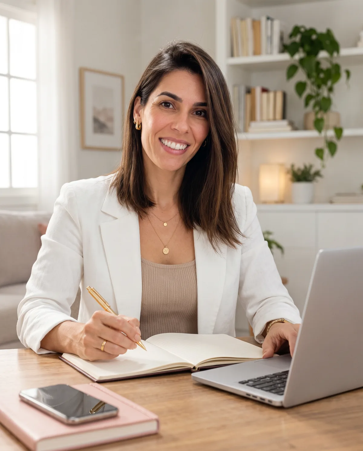 fundadora da Arquiteta Online, sorrindo em sua mesa de trabalho com notebook, caderno de anotações e laptop
